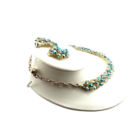 Vintage Aurora Borealis Rhinestone Necklace & Earrings Set Gold Tone Floral Clus - Picture 7 of 14